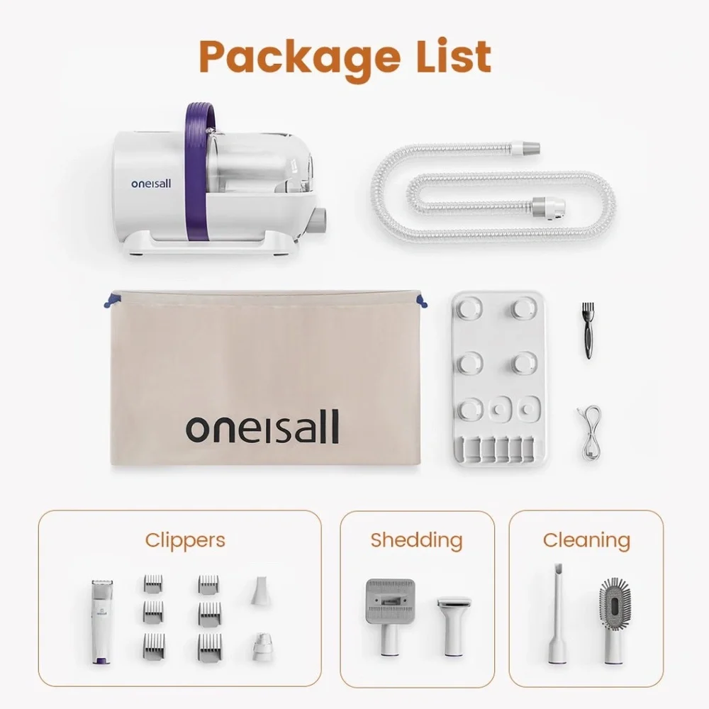 Oneisall 7-in-1 Pet Grooming Vacuum Kit for Dogs & Cats – Quiet Suction Clippers